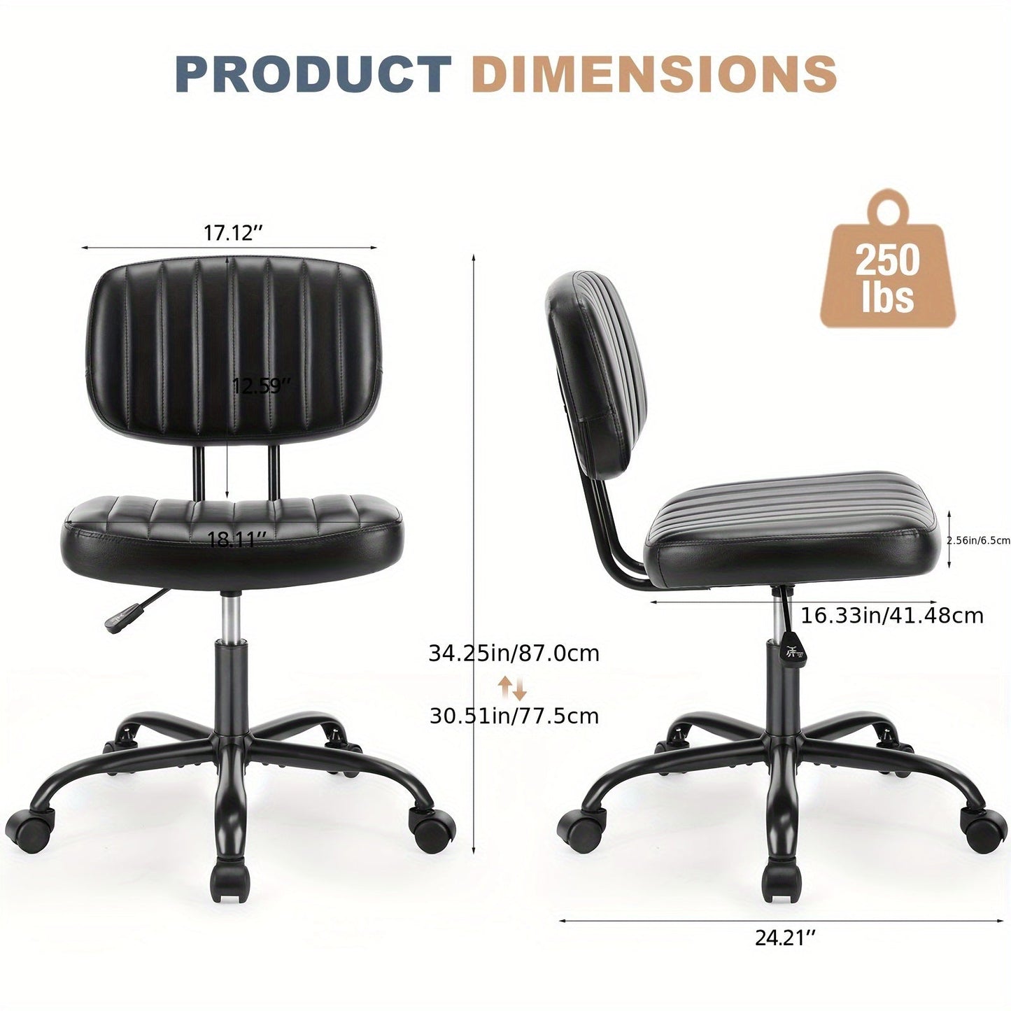 Armless Office Chair PU Leather Rolling Desk Chair Task Vanity Chair Wheels