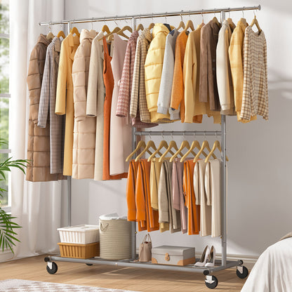 Raybee 74" Heavy Duty Clothes Rack Double Rod Garment Rack 630LBS w/Wheels