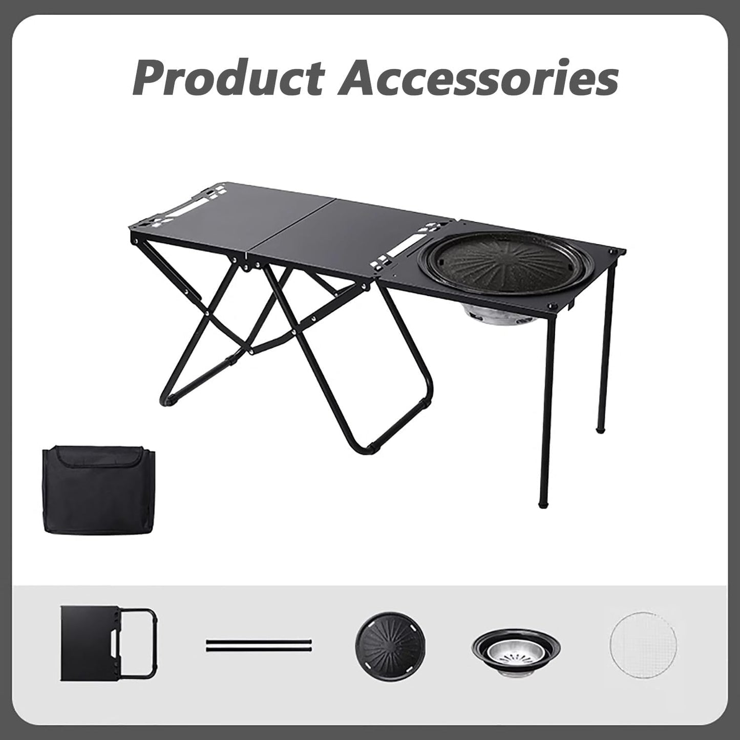 Portable Outdoor Camping Kitchen Table Folding w/ Grill Tray BBQ Picnic - Black