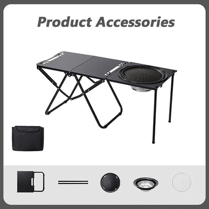 Portable Outdoor Camping Kitchen Table Folding w/ Grill Tray BBQ Picnic - Black