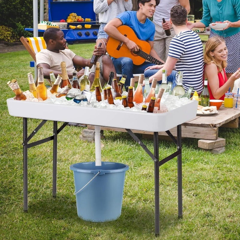 4ft Folding Ice Table with Drain Portable Cooler Table Party Fill & Chill White