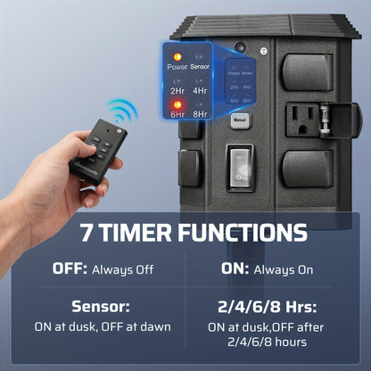 Outdoor Power Stake Timer w/ Remote, 6FT Cord, 6 Outlets, Dusk to Dawn Light Timer
