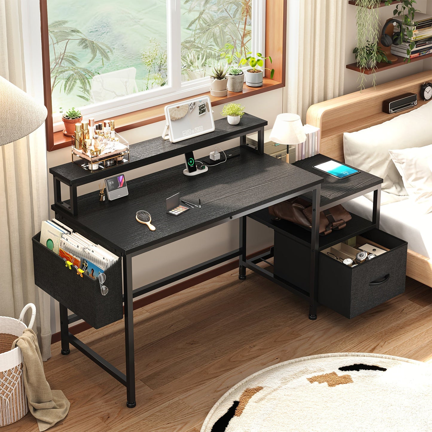 EnHomee 57" Computer Desk w/ Drawers Power Outlets Printer Shelf Home Office