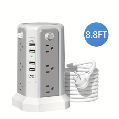 Power Strip Tower Surge Protector 12 AC Outlets 5 USB Ports 8.8ft Cord Gray