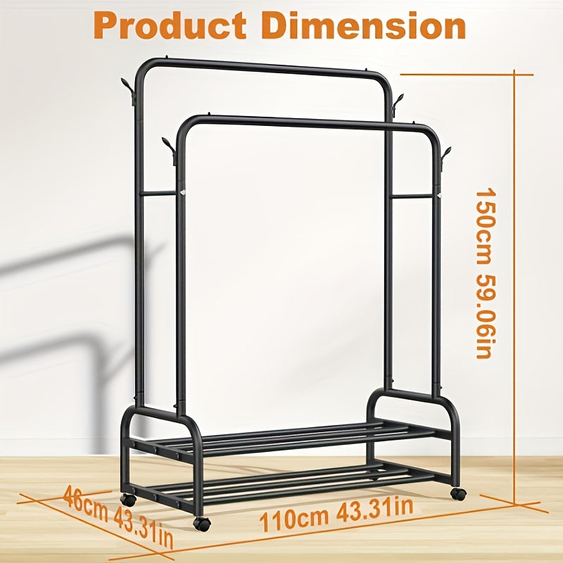 Heavy Duty Double Rod Clothes Rack w/ Wheels Shelves Hooks Garment Rack