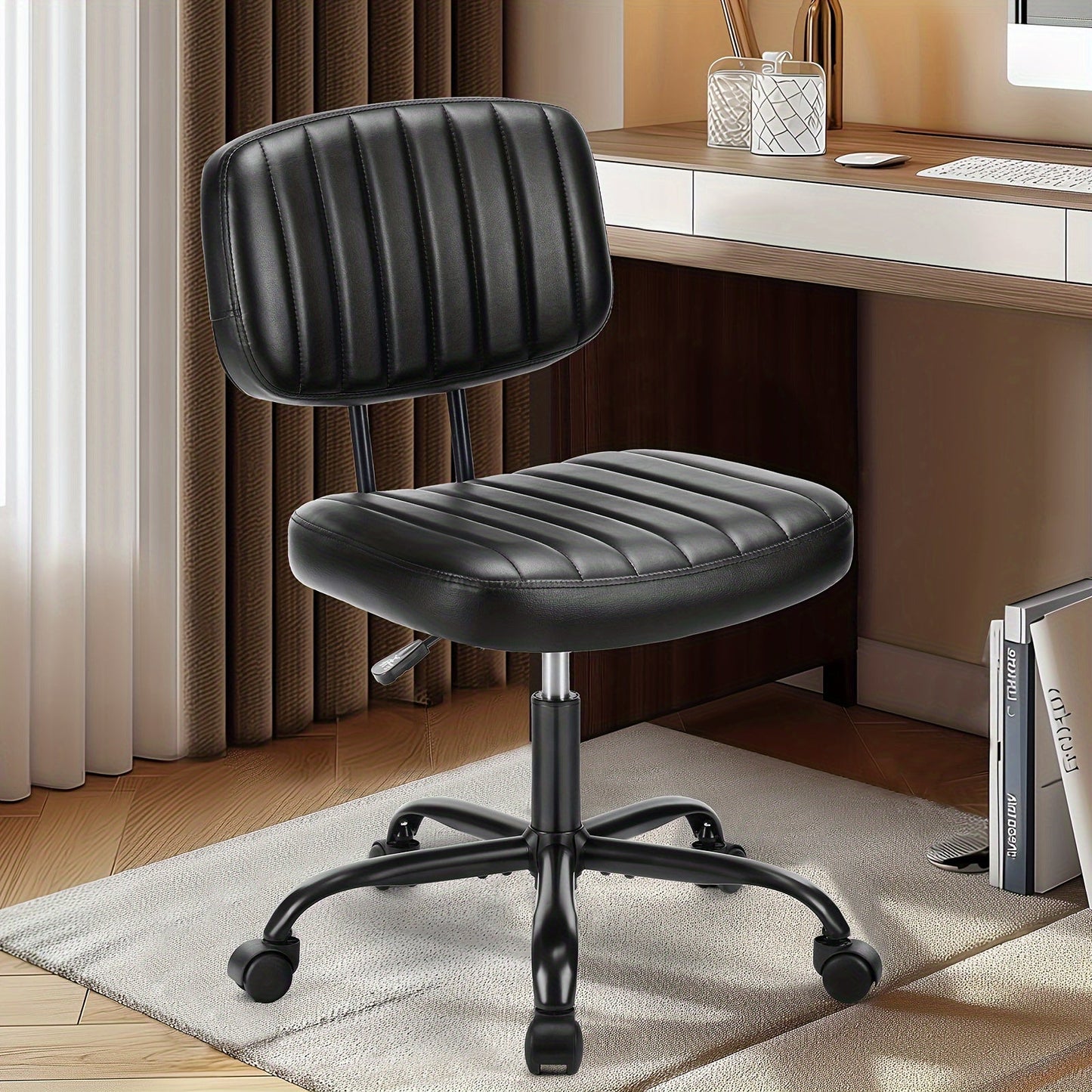 Armless Office Chair PU Leather Rolling Desk Chair Task Vanity Chair Wheels