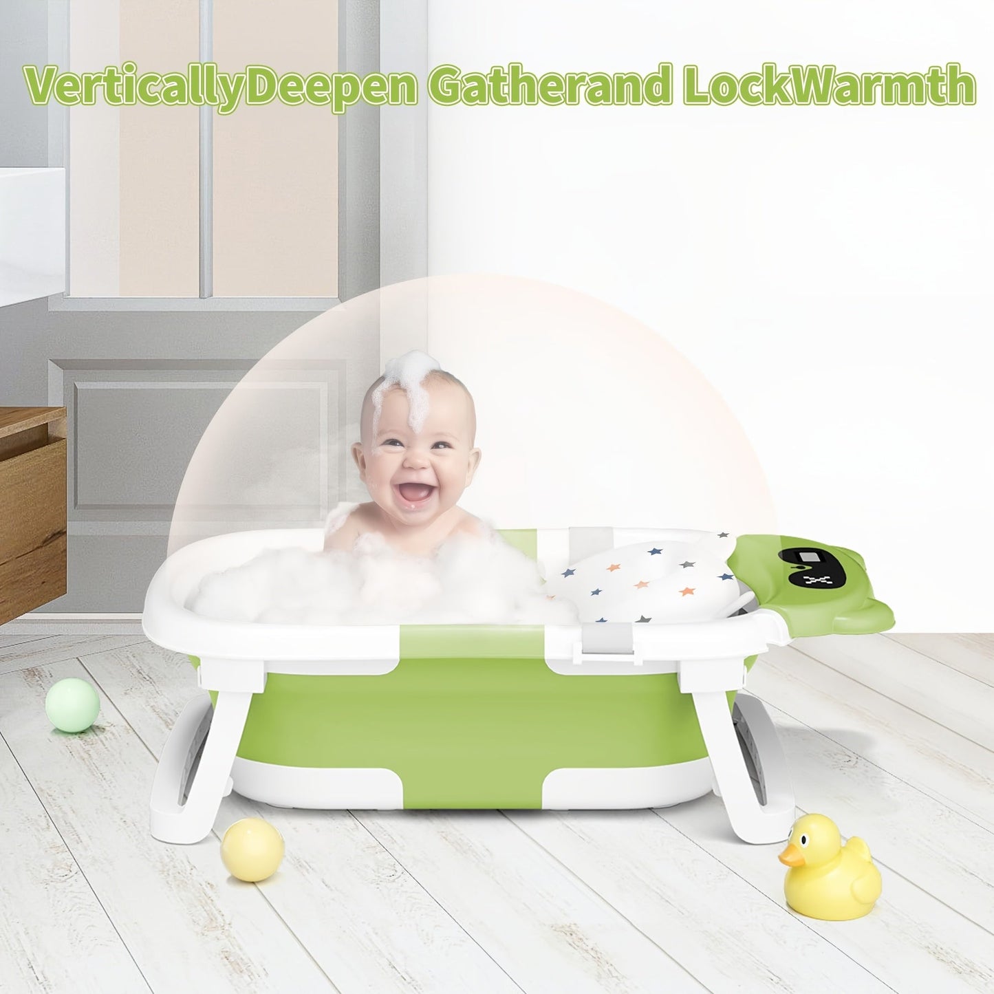 Foldable Baby Bathtub with Thermometer Soft Cushion Portable Baby Bath Tub
