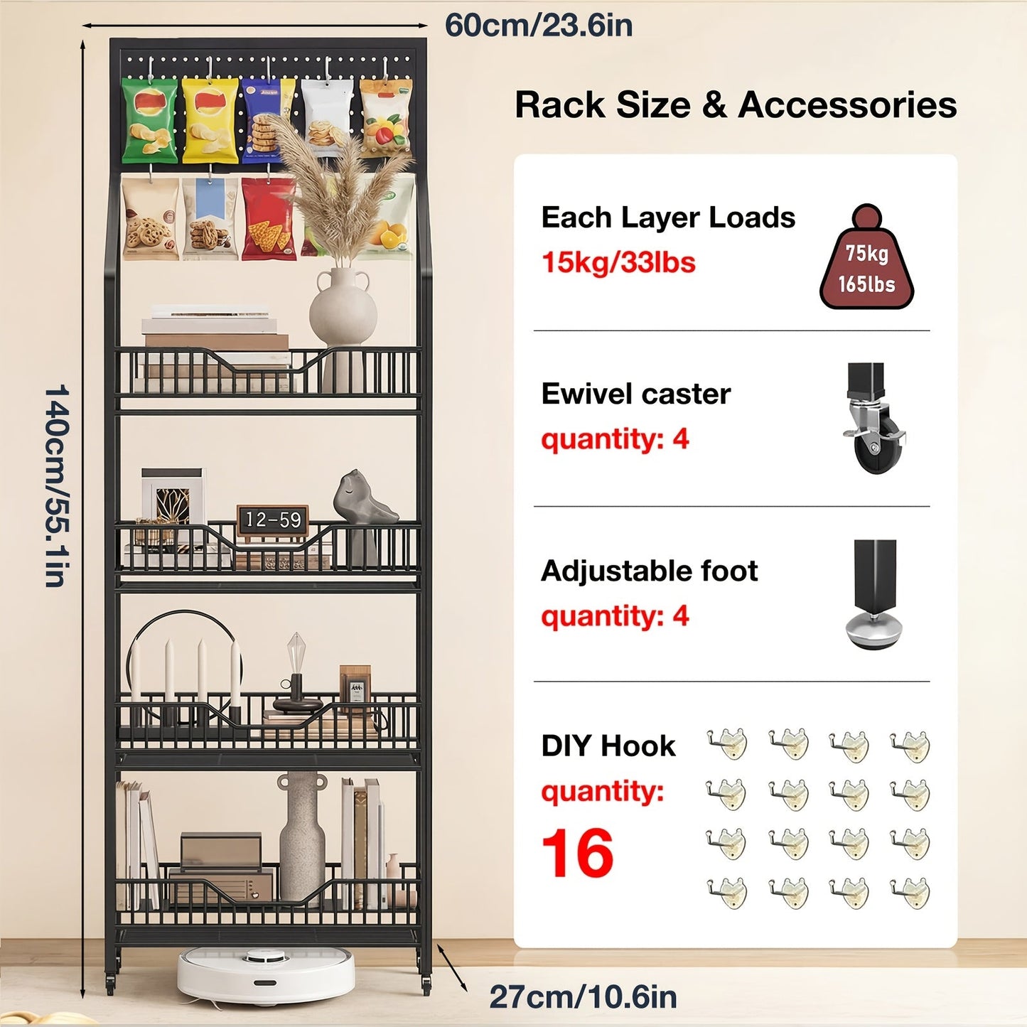 3/4/5 Tier Retail Display Rack Metal Snack Display Stand w/ Hooks & Wheels