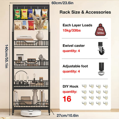 3/4/5 Tier Retail Display Rack Metal Snack Display Stand w/ Hooks & Wheels
