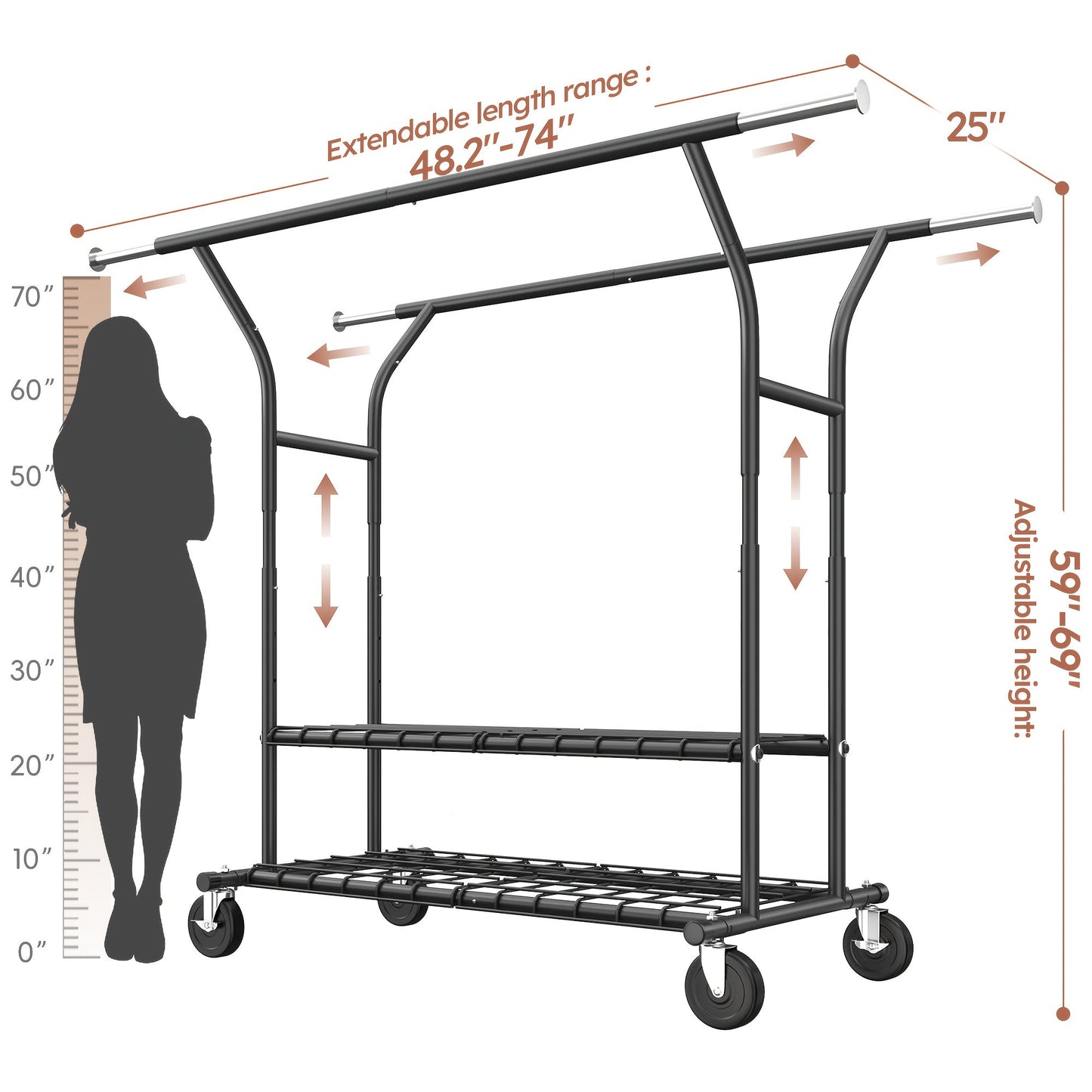 Raybee 74" Heavy Duty Clothes Rack w/ Wheels, Double Rod Adjustable Garment Rack 630LB