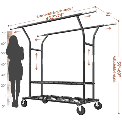 Raybee 74" Heavy Duty Clothes Rack w/ Wheels, Double Rod Adjustable Garment Rack 630LB