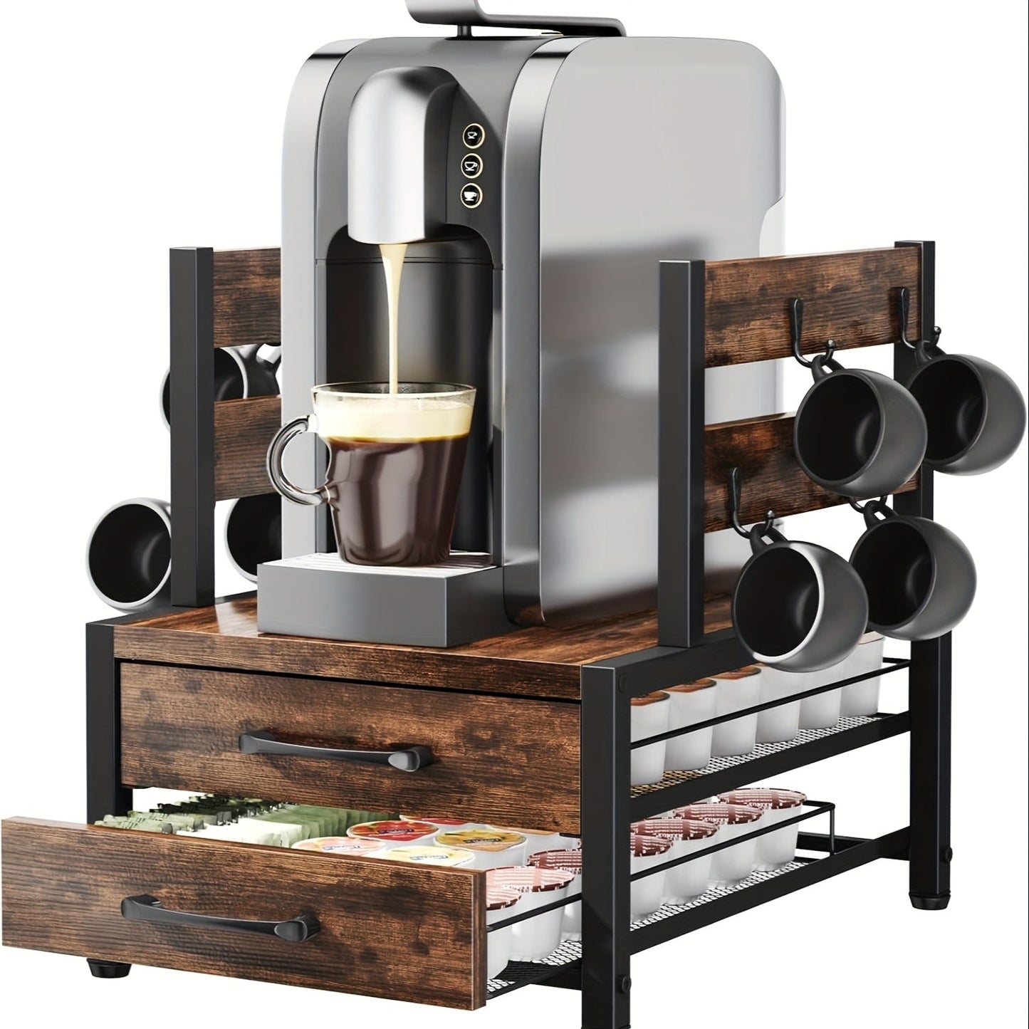 2 Tier Coffee Pod Holder Drawer & Mug Stand K Cup Capsule Storage Organizer Rack
