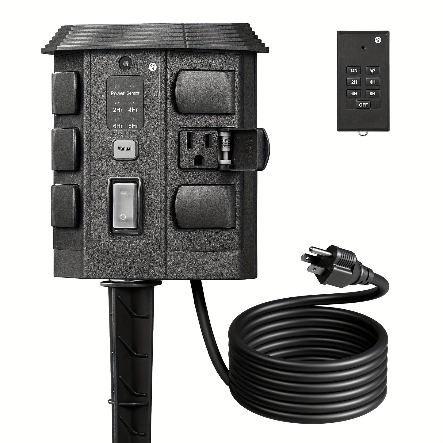 Outdoor Power Stake Timer w/ Remote, 6FT Cord, 6 Outlets, Dusk to Dawn Light Timer