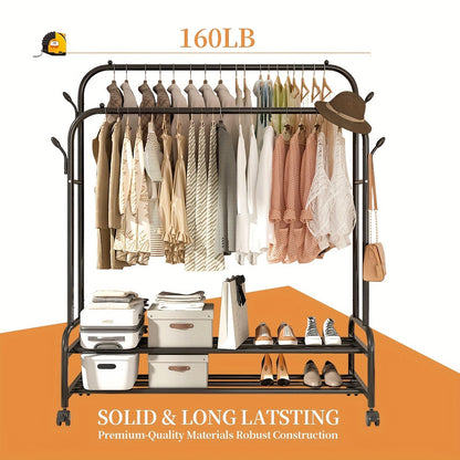 Heavy Duty Double Rod Clothes Rack w/ Wheels Shelves Hooks Garment Rack
