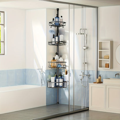 4-Tier Corner Shower Organizer Telescopic Pole Rustproof Bathroom Storage Black
