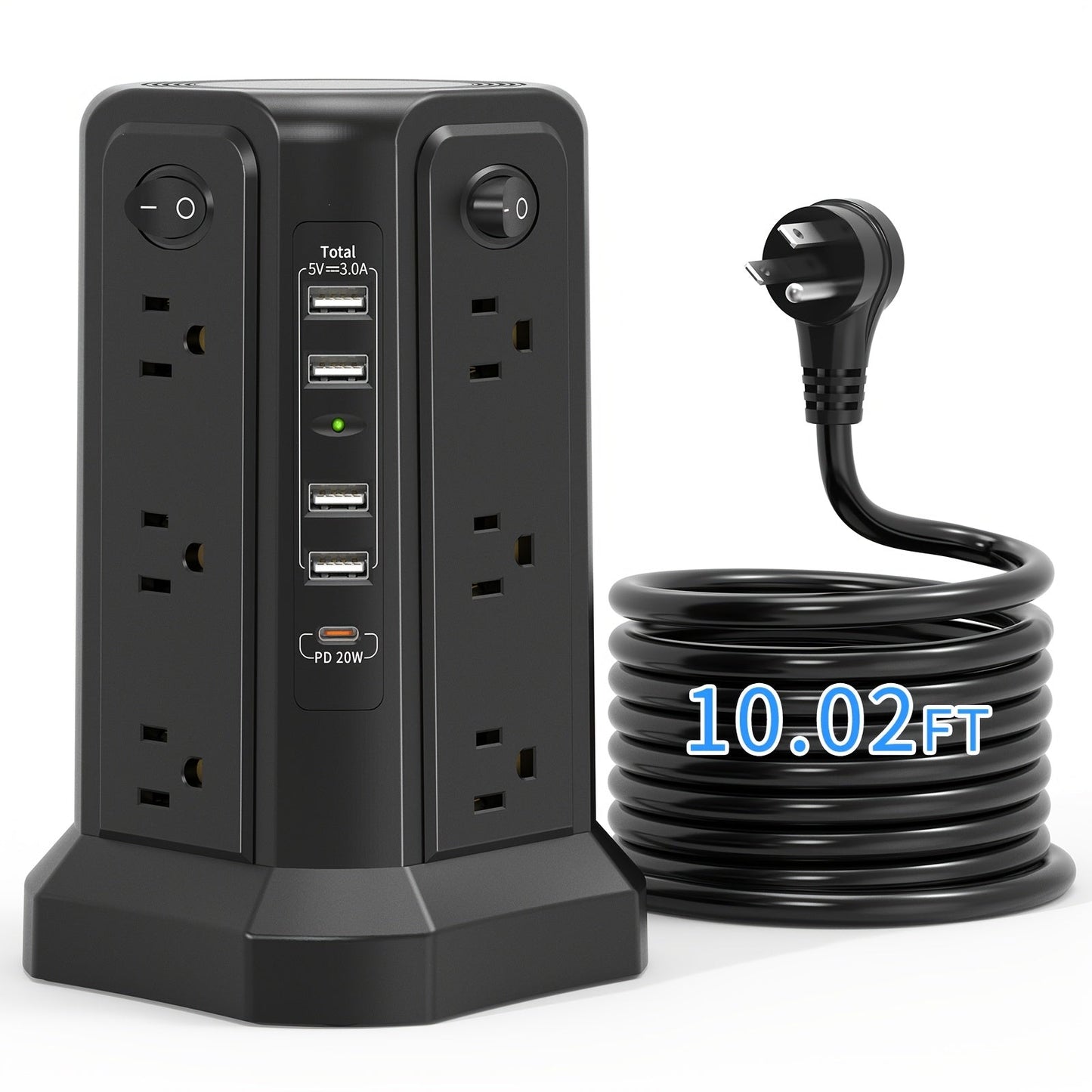 Power Strip Tower Surge Protector 12 AC Outlets 5 USB Ports 8.8ft Cord Gray
