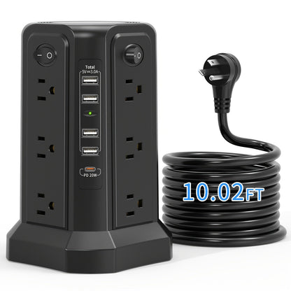 Power Strip Tower Surge Protector 12 AC Outlets 5 USB Ports 8.8ft Cord Gray