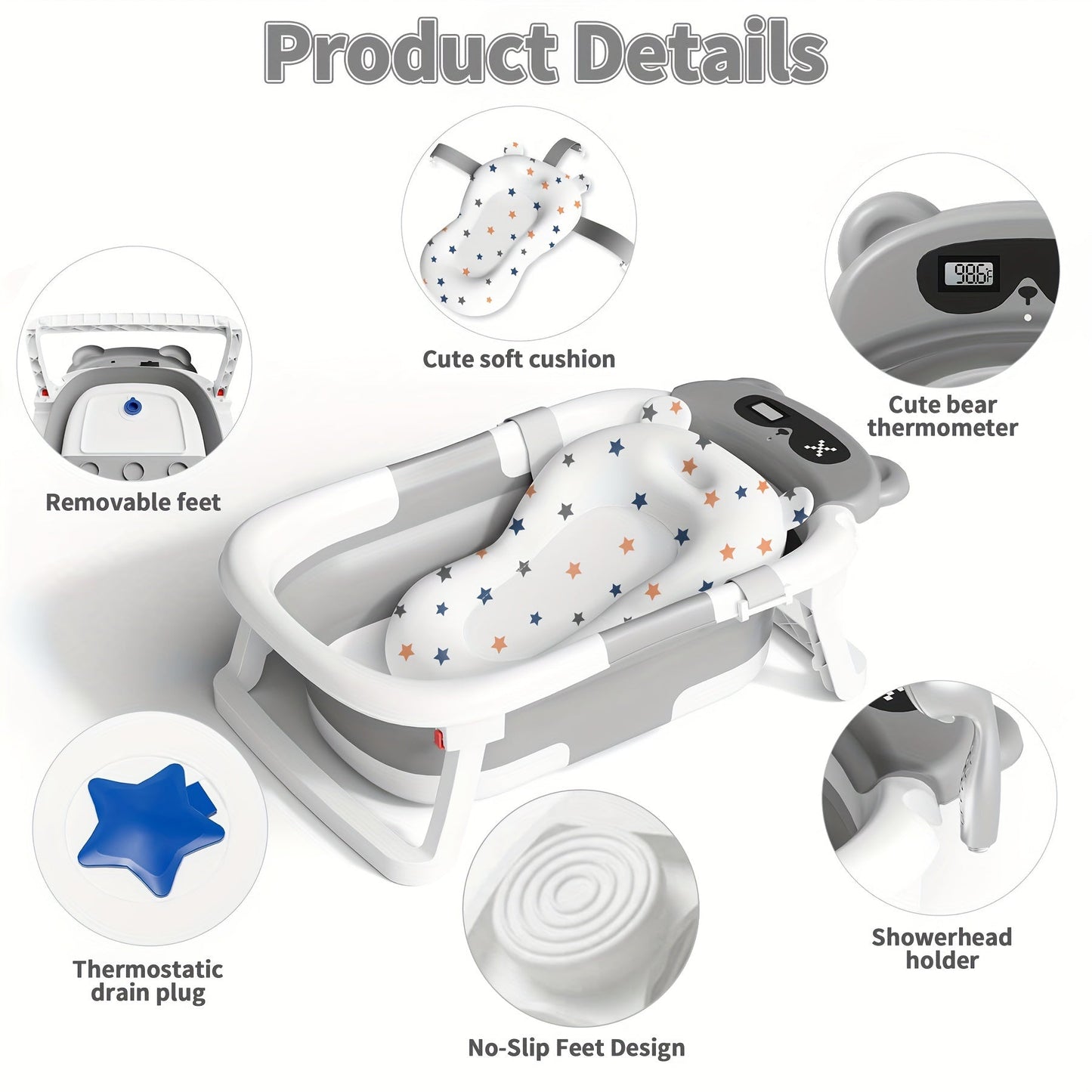Foldable Baby Bathtub with Thermometer Soft Cushion Portable Baby Bath Tub