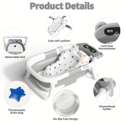 Foldable Baby Bathtub with Thermometer Soft Cushion Portable Baby Bath Tub