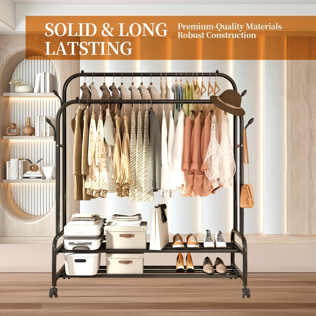 Heavy Duty Double Rod Clothes Rack w/ Wheels Shelves Hooks Garment Rack