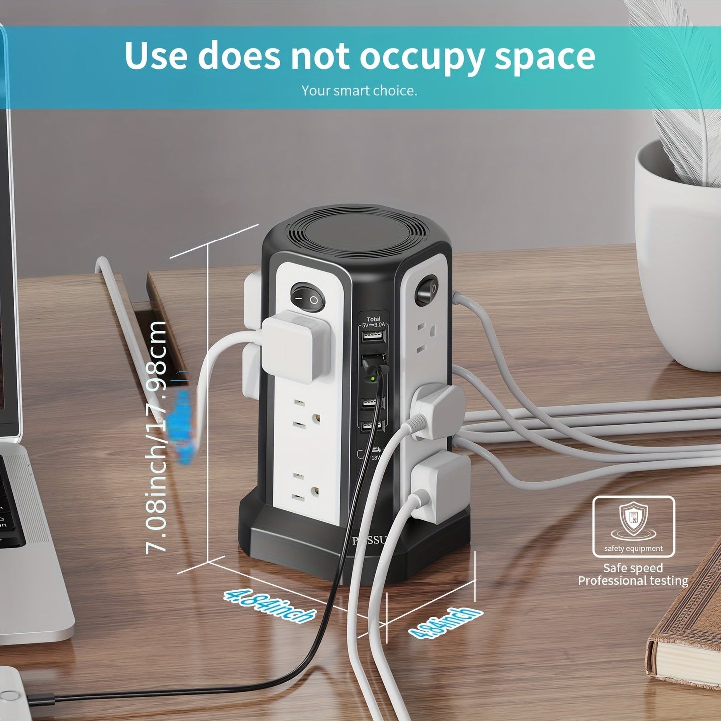 Power Strip Tower Surge Protector 12 AC Outlets 5 USB Ports 8.8ft Cord Gray
