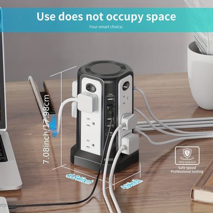 Power Strip Tower Surge Protector 12 AC Outlets 5 USB Ports 8.8ft Cord Gray