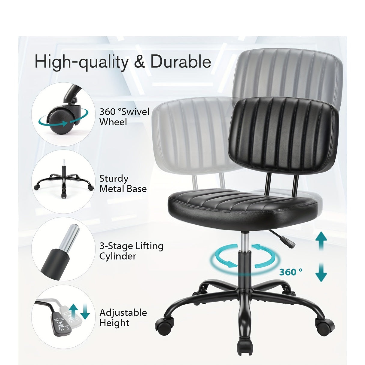 Armless Office Chair PU Leather Rolling Desk Chair Task Vanity Chair Wheels