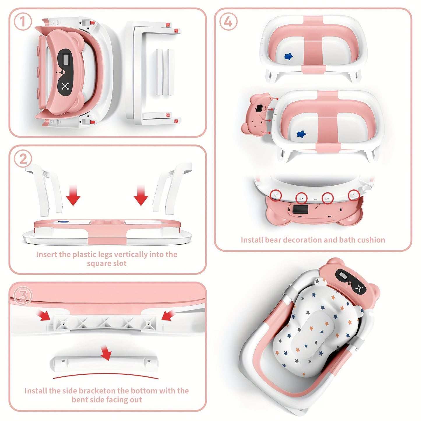 Foldable Baby Bathtub with Thermometer Soft Cushion Portable Baby Bath Tub