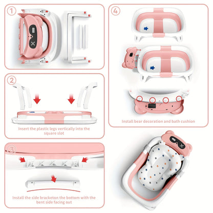 Foldable Baby Bathtub with Thermometer Soft Cushion Portable Baby Bath Tub