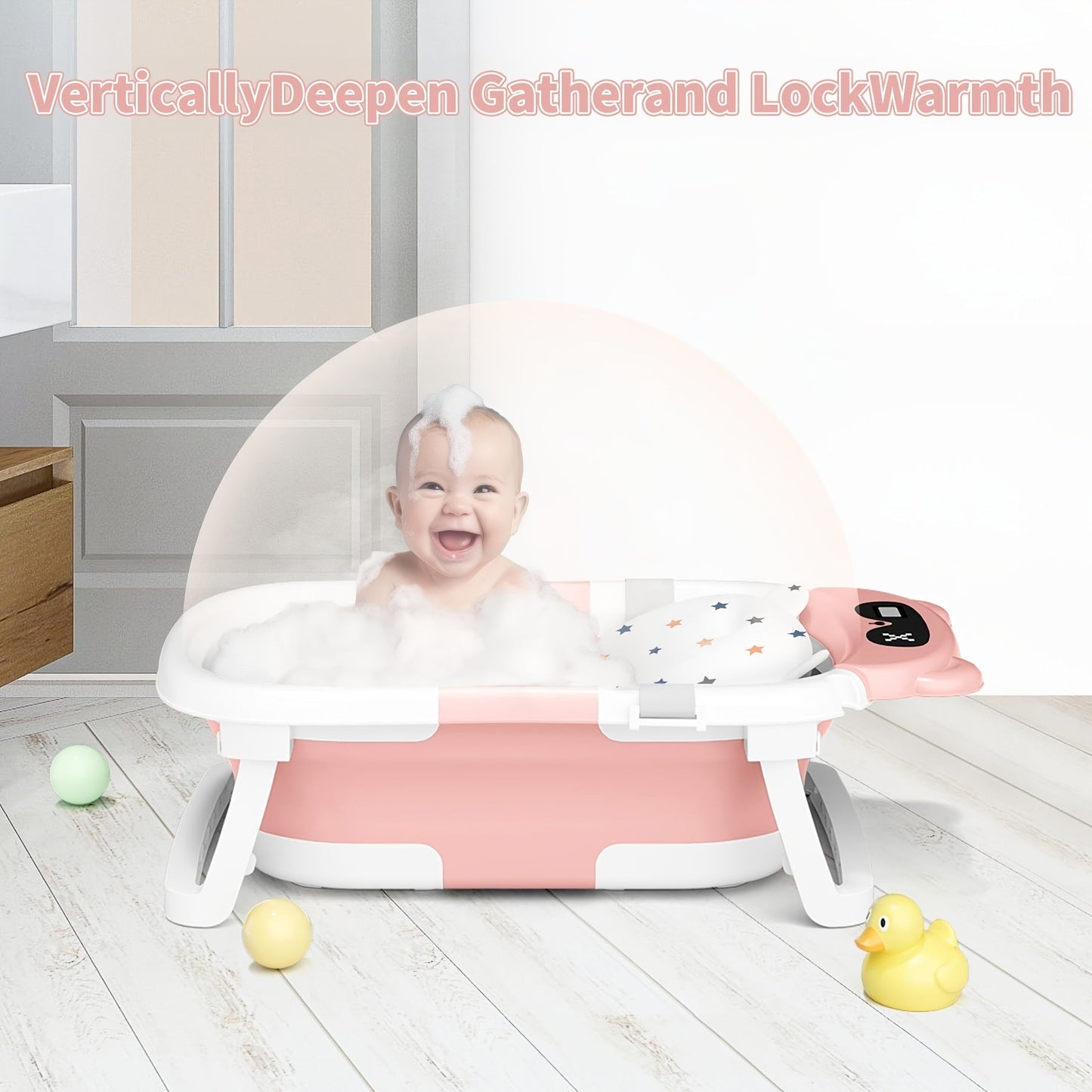 Foldable Baby Bathtub with Thermometer Soft Cushion Portable Baby Bath Tub