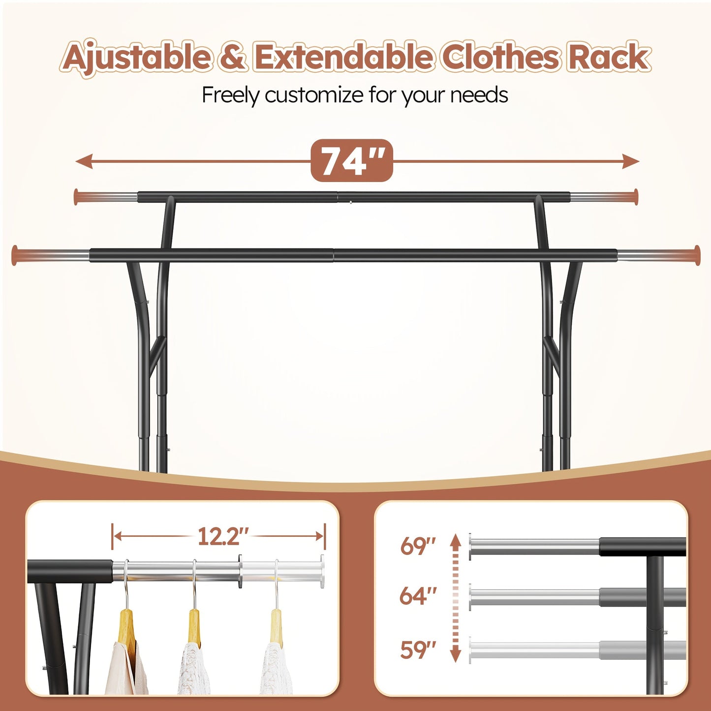 Raybee 74" Heavy Duty Clothes Rack w/ Wheels, Double Rod Adjustable Garment Rack 630LB