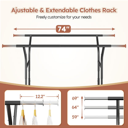 Raybee 74" Heavy Duty Clothes Rack w/ Wheels, Double Rod Adjustable Garment Rack 630LB