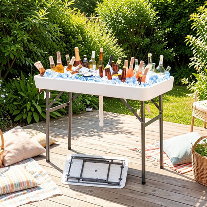 4ft Folding Ice Table with Drain Portable Cooler Table Party Fill & Chill White