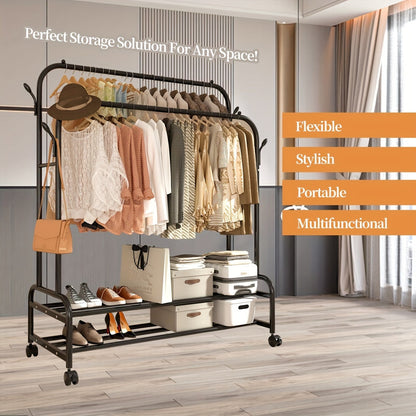 Heavy Duty Double Rod Clothes Rack w/ Wheels Shelves Hooks Garment Rack