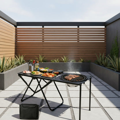 Portable Outdoor Camping Kitchen Table Folding w/ Grill Tray BBQ Picnic - Black
