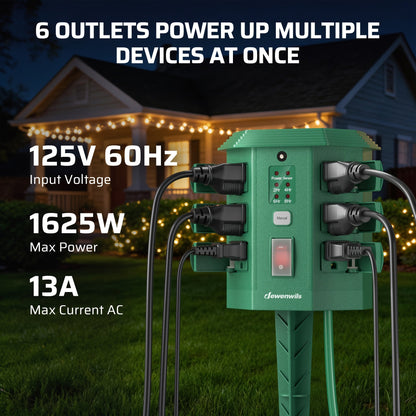 Outdoor Power Stake Timer w/ Remote, 6FT Cord, 6 Outlets, Dusk to Dawn Light Timer