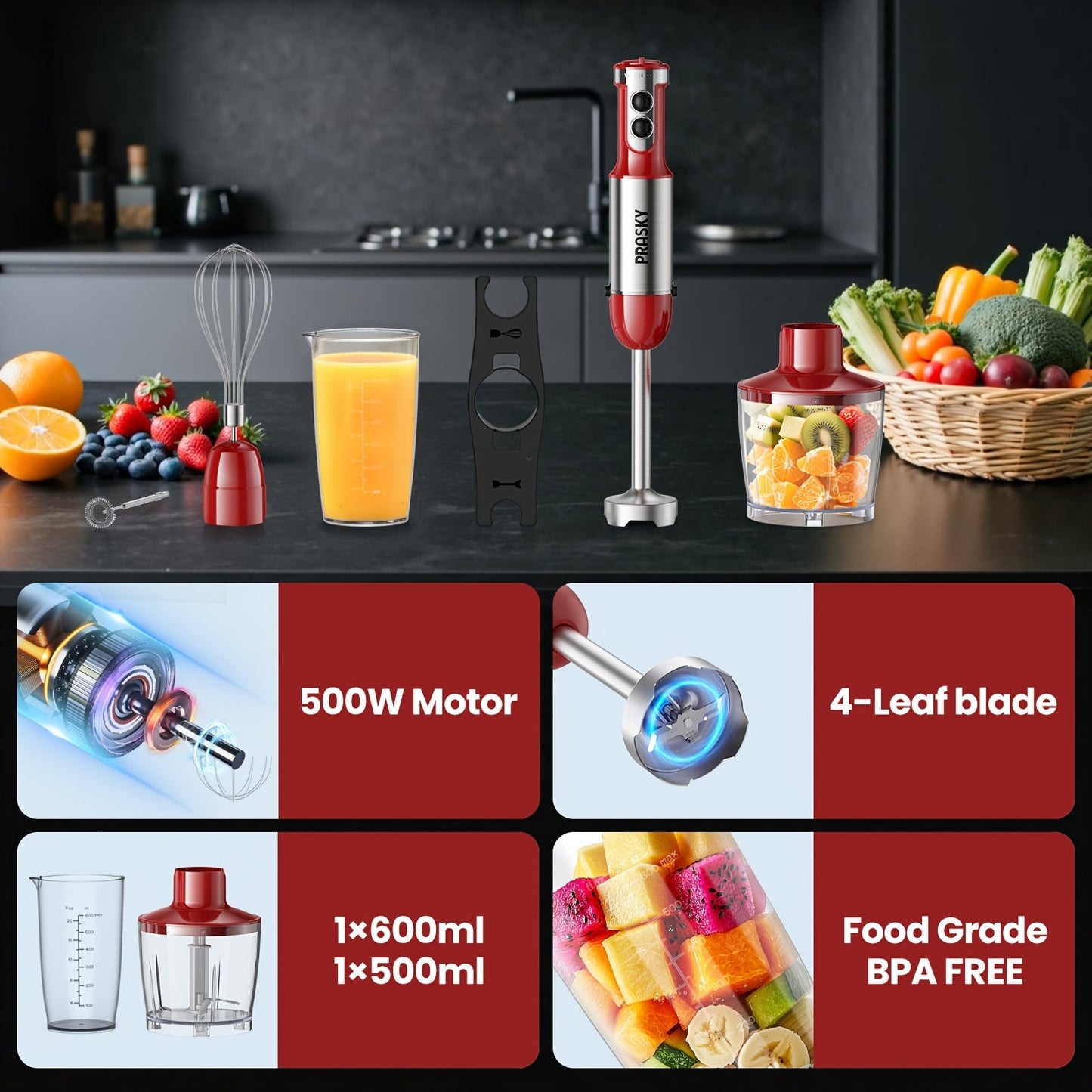 5-in-1 Handheld Stick Blender Immersion Mixer Whisk Chopper Kitchen Set