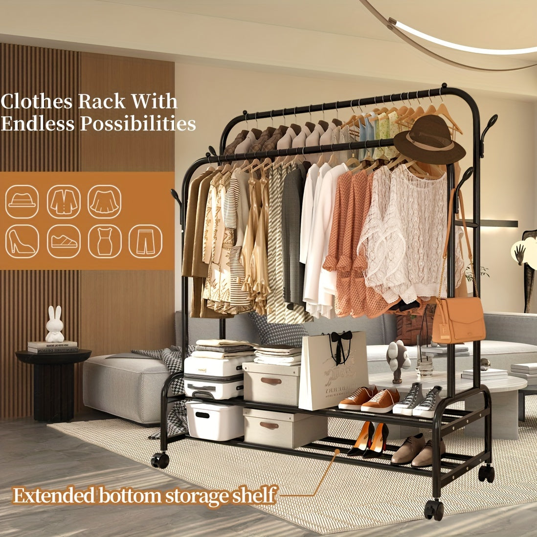 Heavy Duty Double Rod Clothes Rack w/ Wheels Shelves Hooks Garment Rack