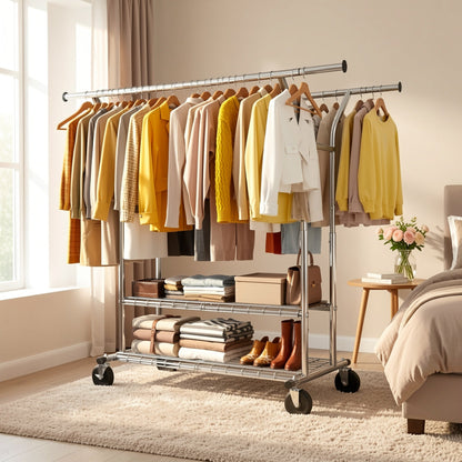 Raybee 74" Heavy Duty Clothes Rack Double Rod Garment Rack 630LBS w/Wheels