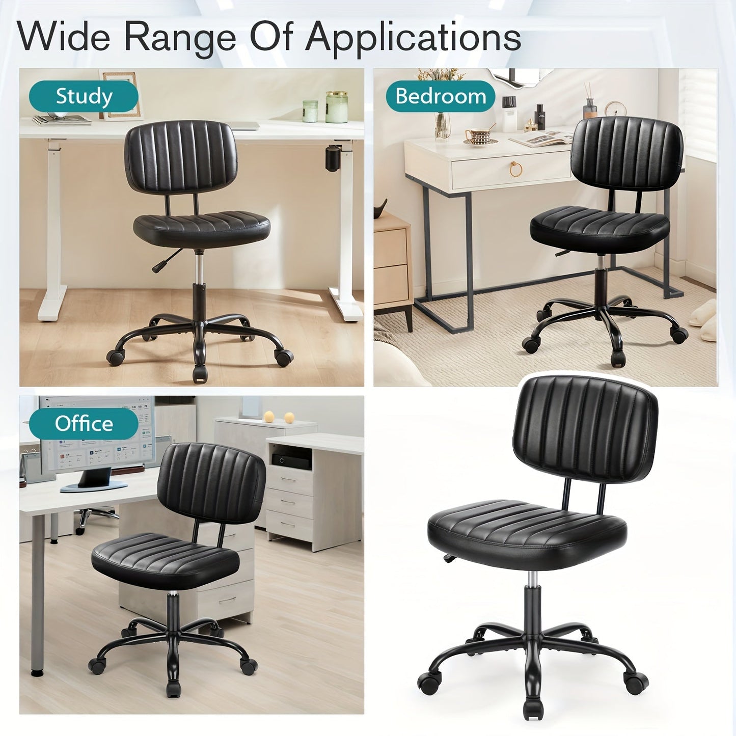 Armless Office Chair PU Leather Rolling Desk Chair Task Vanity Chair Wheels