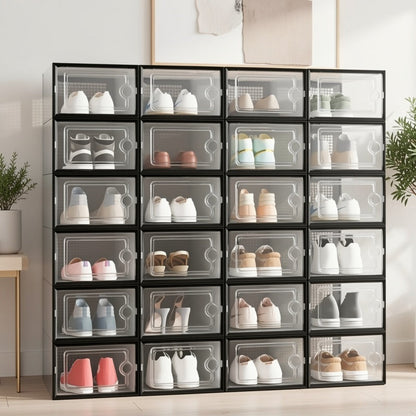 6/12/24PCS Clear Shoe Storage Boxes Stackable Foldable Sneaker Organizer Bin