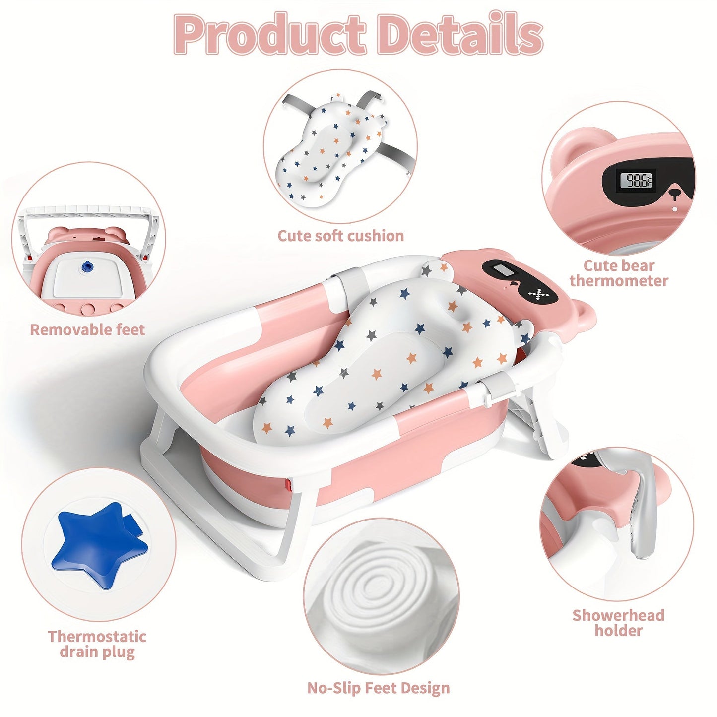 Foldable Baby Bathtub with Thermometer Soft Cushion Portable Baby Bath Tub