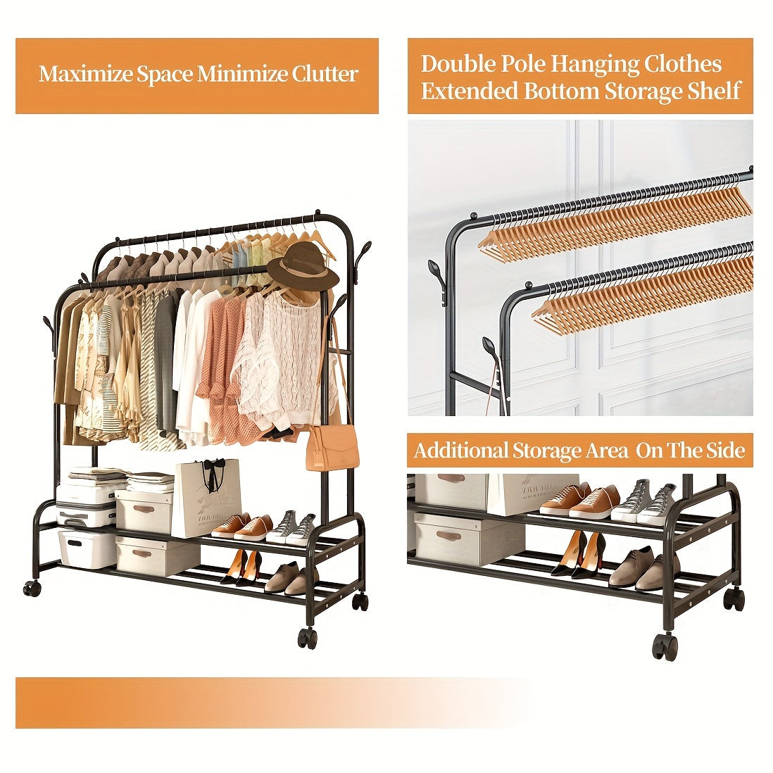 Heavy Duty Double Rod Clothes Rack w/ Wheels Shelves Hooks Garment Rack