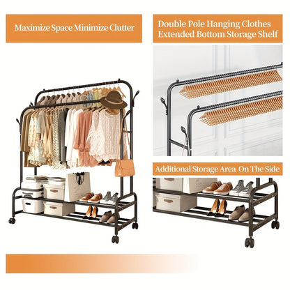Heavy Duty Double Rod Clothes Rack w/ Wheels Shelves Hooks Garment Rack
