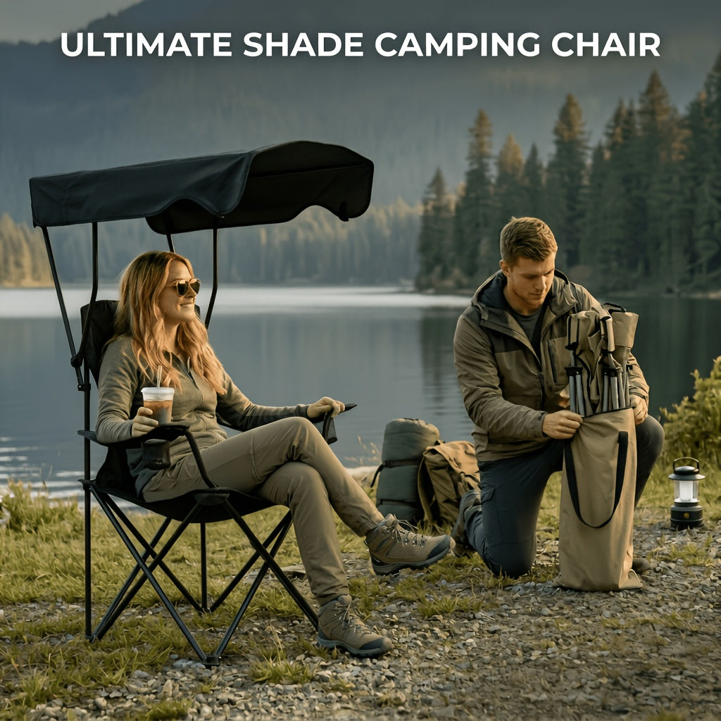 Outdoor Camping Chair w/ Canopy Foldable Portable Chair Cup Holder Carry Bag