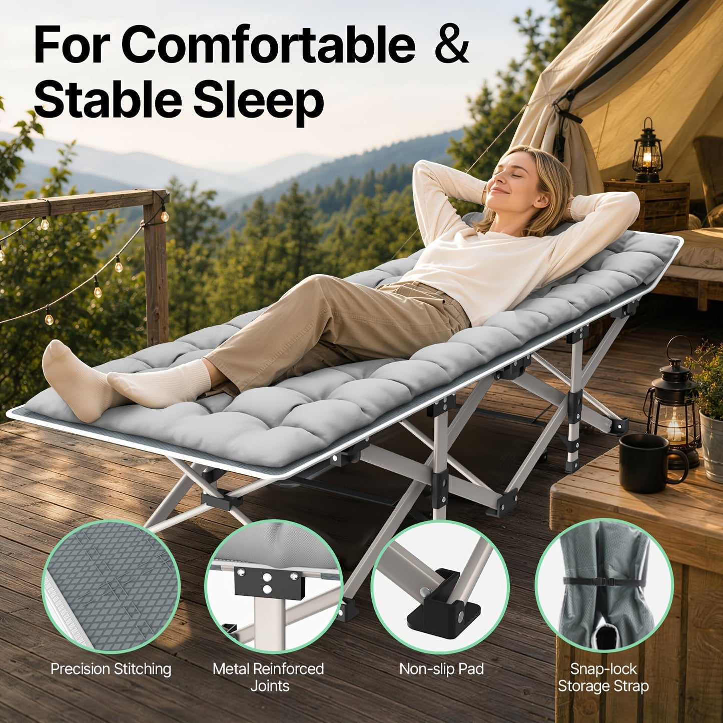 Folding Camping Cot Bed Adult Portable Heavy Duty Oxford Sleeping Cot w/ Pad Bag