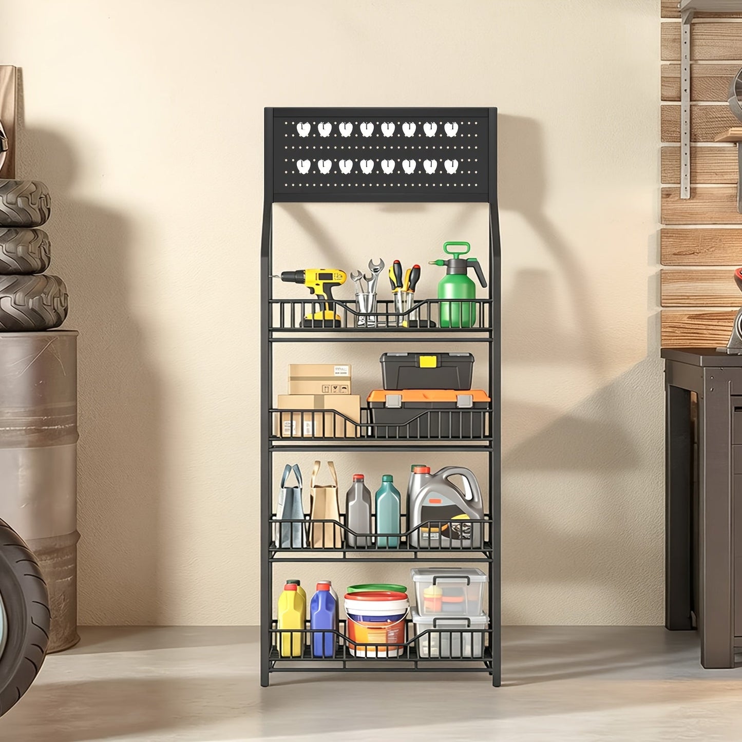 3/4/5 Tier Retail Display Rack Metal Snack Display Stand w/ Hooks & Wheels