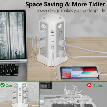 Power Strip Tower Surge Protector 12 AC Outlets 5 USB Ports 8.8ft Cord Gray