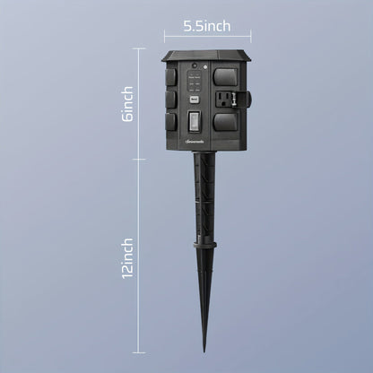 Outdoor Power Stake Timer w/ Remote, 6FT Cord, 6 Outlets, Dusk to Dawn Light Timer