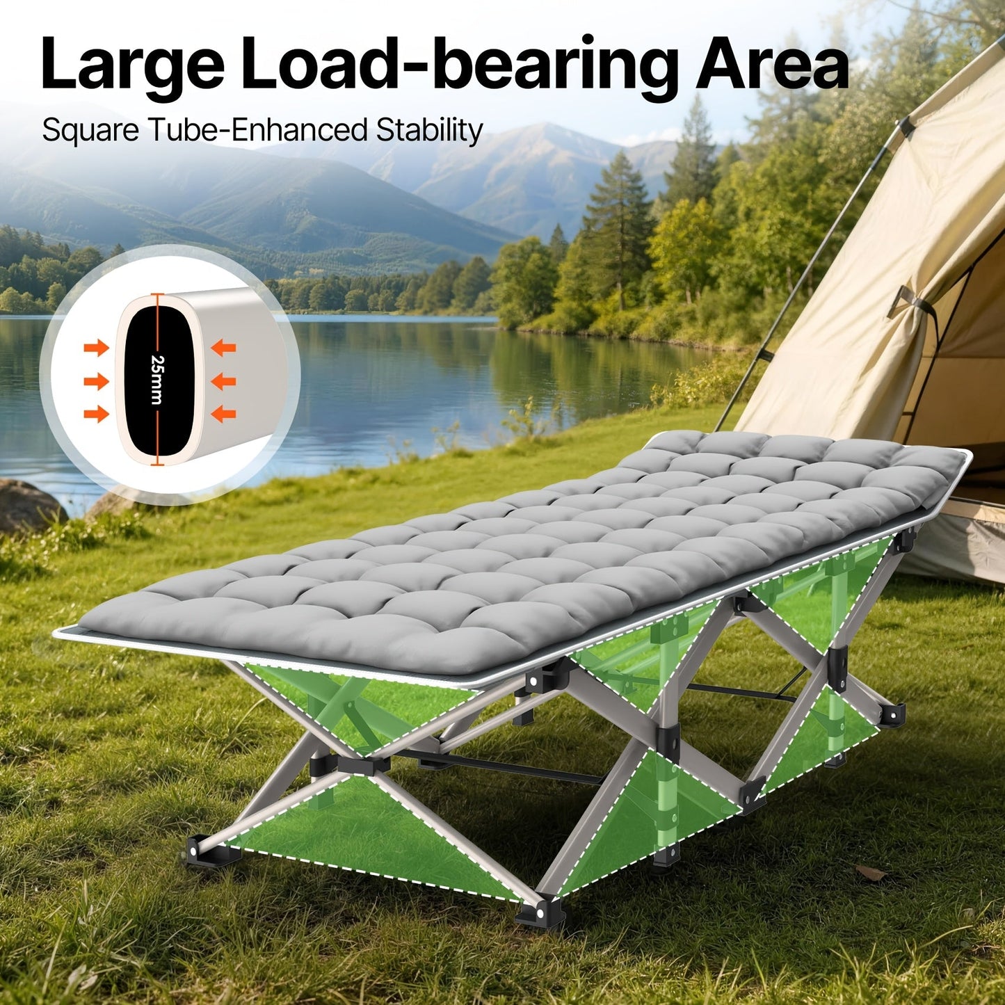 Folding Camping Cot Bed Adult Portable Heavy Duty Oxford Sleeping Cot w/ Pad Bag